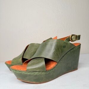 Born olive green leather wedge strappy sandal